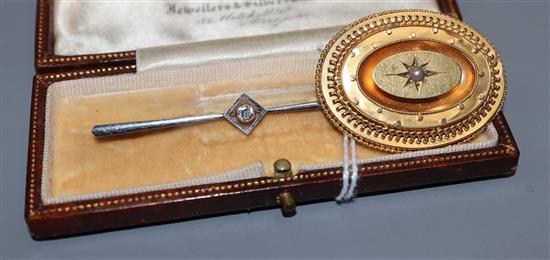 A Victorian 15ct and pearl oval brooch and a diamond-set bar brooch,